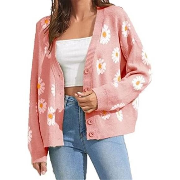 Sweaters - Women's Floral Print Cardigan Long Sleeve Open Front Button Down V Neck Knitted